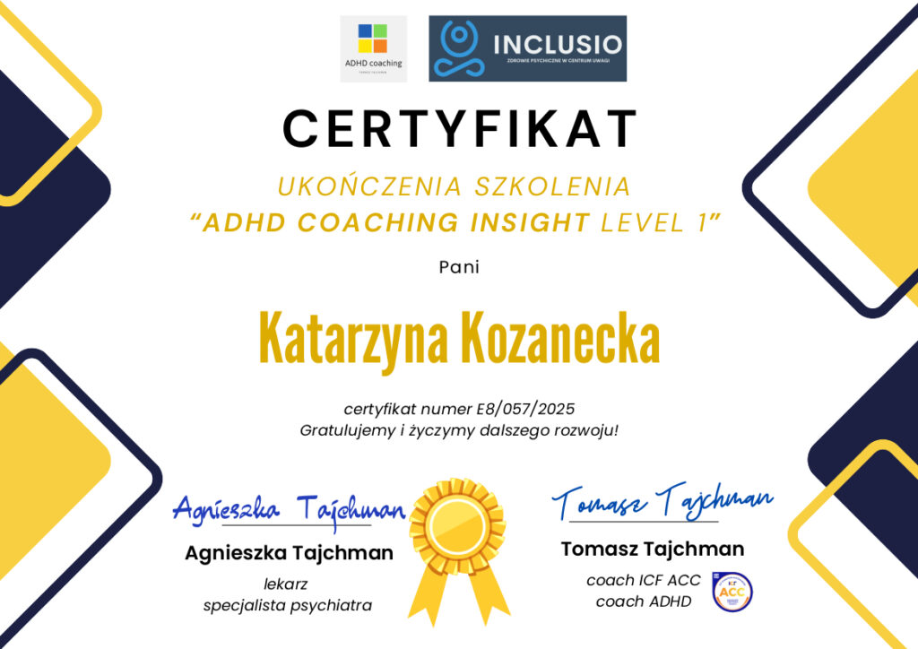 certyfikat ukończenia szkolenia ADHD Coaching Insight