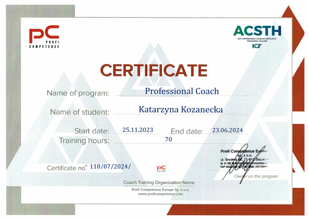 certyfikat ukończenia programu ICF Professional Coach