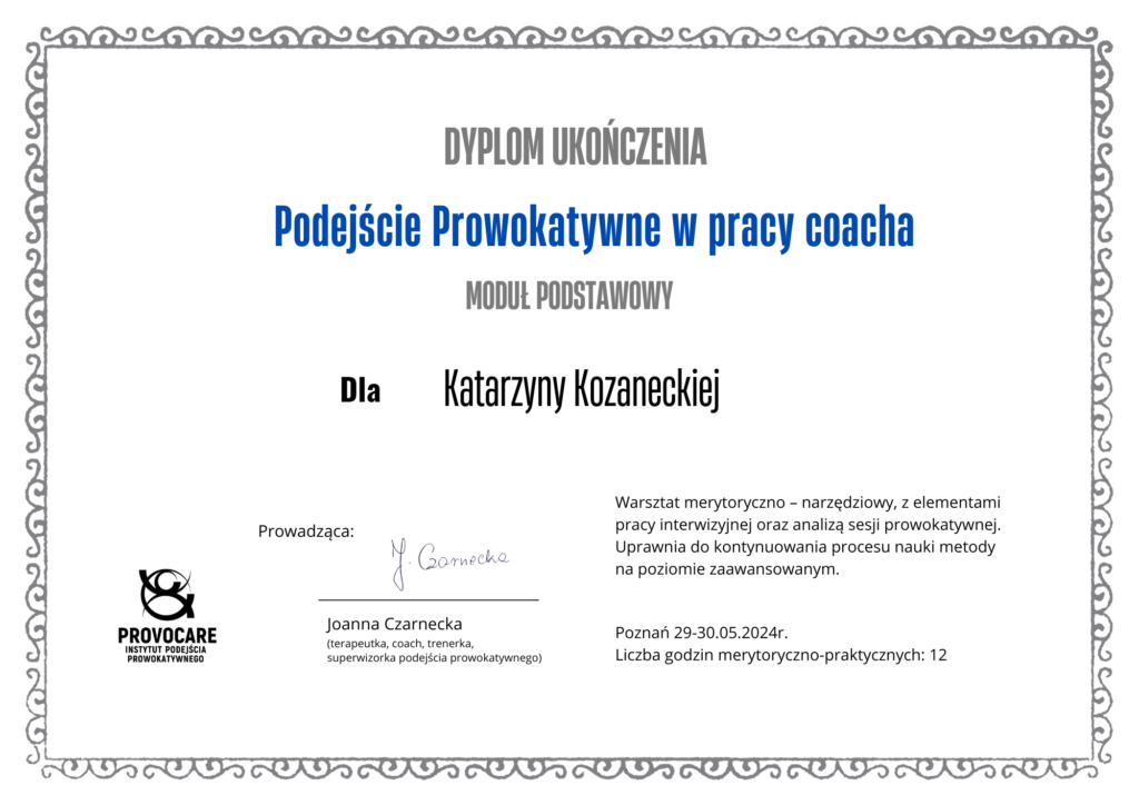 dyplom ukończenia warsztatu z podejścia prowokatywnego w pracy coacha