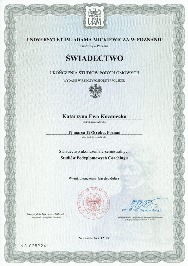 świadectwo ukończenia studiów podyplomowych z coachingu