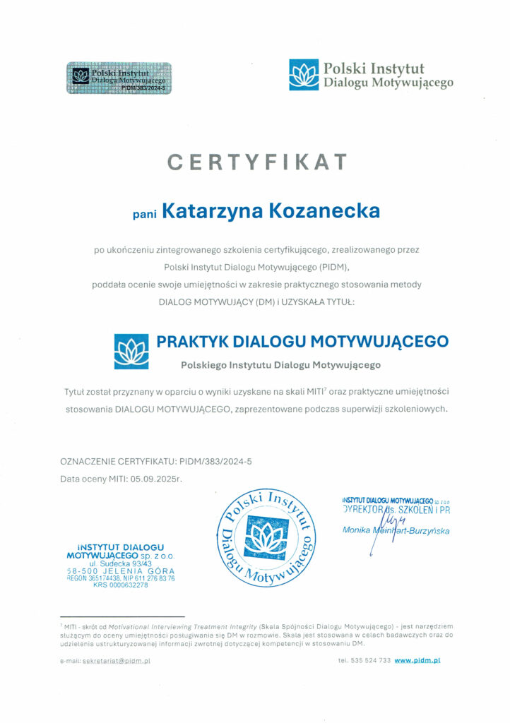 certyfikat uzyskania tytułu Praktyka Dialogu Motywującego