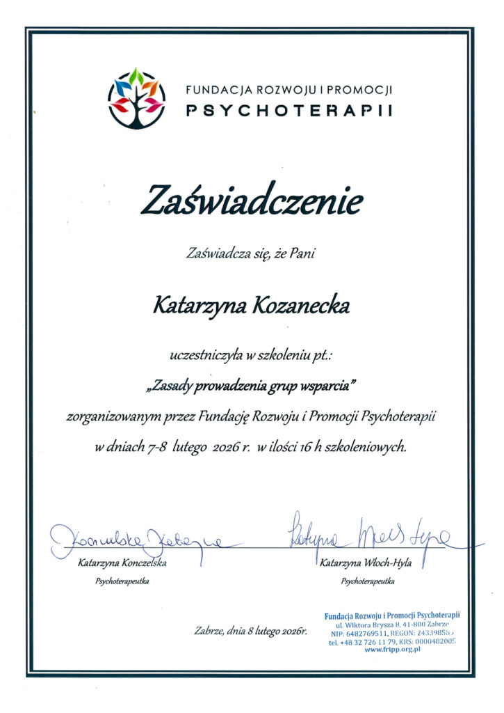 zaświadczenie uczestnictwa w szkoleniu z zasad prowadzenia grup wsparcia