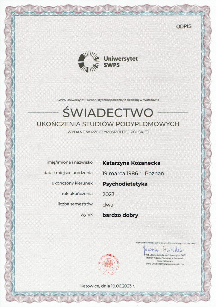 świadectwo ukończenia studiów podyplomowych z psychodietetyki